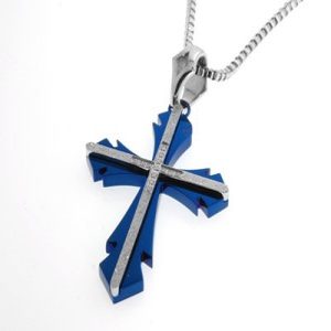 JTPN102032ST/BL/2 - Zilveren ketting met blauw kruis met witte stenen - Masterpieces.nl