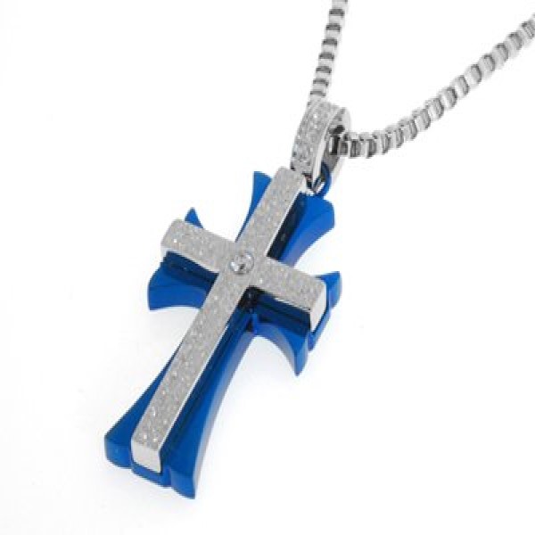JTPN102061X/ST/BL - Zilveren ketting met blauw kruis met zandstraal