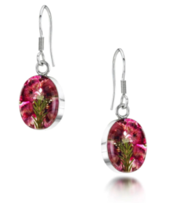 HE01 - Silver oval drop Earrings with Heather - Shrieking Violet - Masterpieces.nl