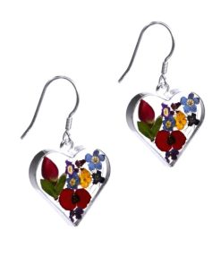 ME08 - Silver heart Earrings with Mixed flowers - Shrieking Violet - Masterpieces.nl