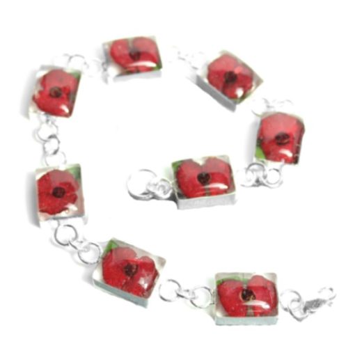PBR02 - Silver bracelet with rectangle links and Poppy flowers - Shrieking Violet - Masterpieces.nl