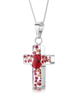 PRP03 - Silver medium cross Pendant with Poppy flowers and Rose - Masterpieces.nl
