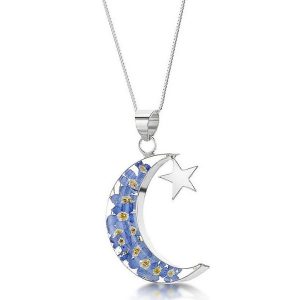 MSP01 - Silver Moon and Star Pendant with Forget me not flowers - Masterpieces.nl