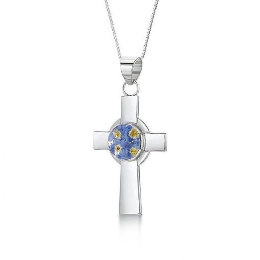 CCF01 - Silver Pendant with Forget me not flowers in medium Celtic Cross - Masterpieces.nl