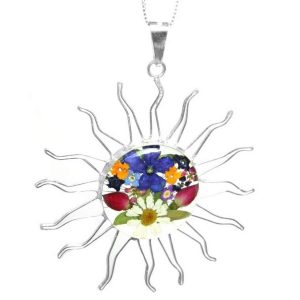 MP16 - Silver large sun Pendant with Mixed flowers - Masterpieces.nl