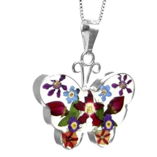 MP27 - Silver medium butterfly Pendant with Mixed flowers - Masterpieces.nl
