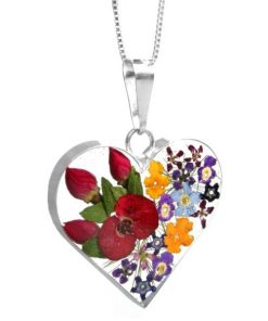 MP23 - Silver medium heart Pendant with Mixed flowers and Rose - Masterpieces.nl