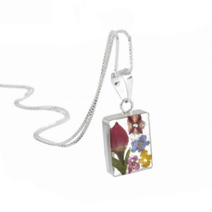 MP01 - Silver rectangle Pendant with Mixed flowers - Masterpieces.nl