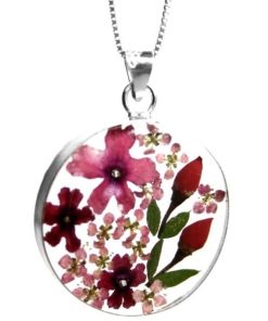 VBP05 - Silver round Pendant with Pink Verbena/Rose flower mix - Masterpieces.nl