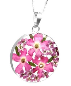 VBP04 - Silver round Pendant with Pink Verbena mixed flowers - Masterpieces.nl