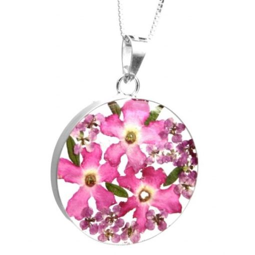 VBP04 - Silver round Pendant with Pink Verbena mixed flowers - Masterpieces.nl