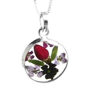 VBP03 - Silver round Pendant with Pink Verbena mixed flowers - Masterpieces.nl