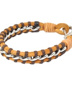 BL862961RNTDB - Light brown leather bracelet with dark brown wax cord and stainless steel details - Sparta - Masterpieces.nl