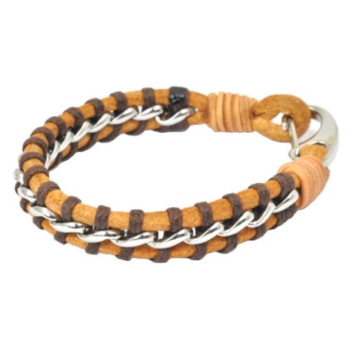 BL862961RNTDB - Light brown leather bracelet with dark brown wax cord and stainless steel details - Sparta - Masterpieces.nl